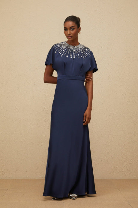 Giovannella Maxi Dress - Blue - Embellished - Crystals - Sequins - Open Back - Ribbon Fastening