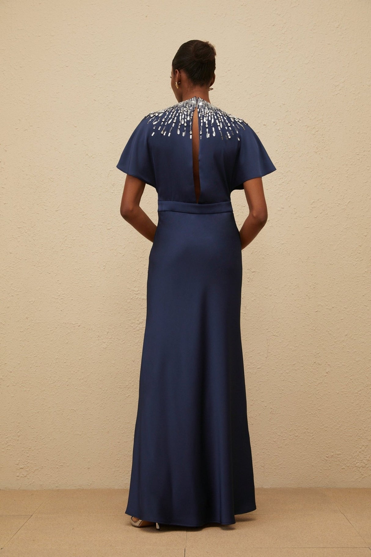 Giovannella Maxi Dress - Blue - Embellished - Crystals - Sequins - Open Back - Ribbon Fastening
