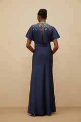 Giovannella Maxi Dress - Blue - Embellished - Crystals - Sequins - Open Back - Ribbon Fastening
