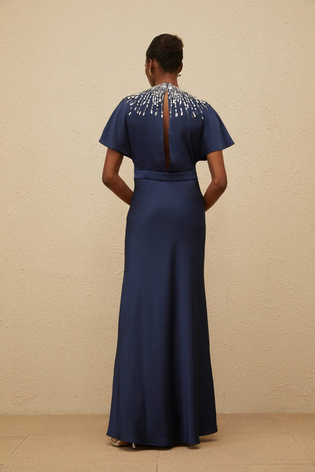 Giovannella Maxi Dress - Blue - Embellished - Crystals - Sequins - Open Back - Ribbon Fastening