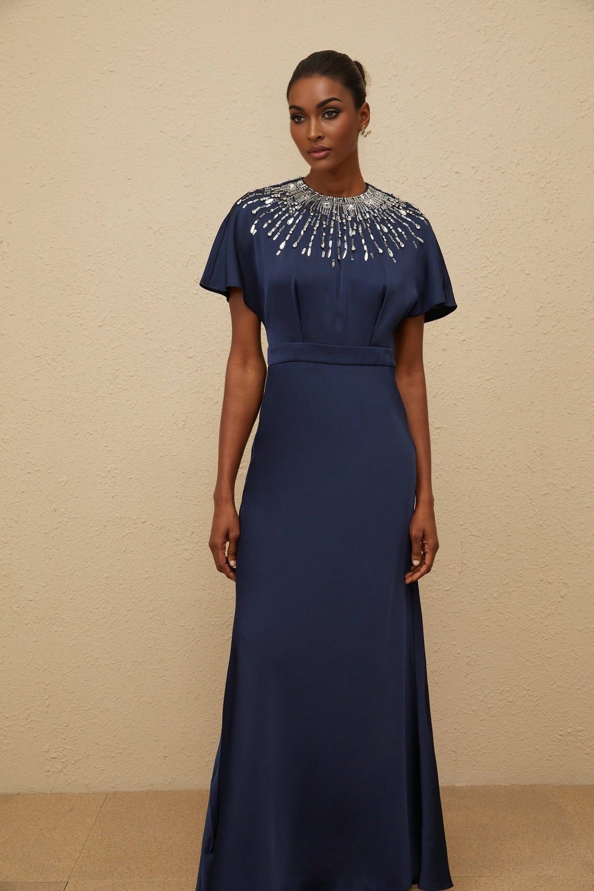 Giovannella Maxi Dress - Blue - Embellished - Crystals - Sequins - Open Back - Ribbon Fastening