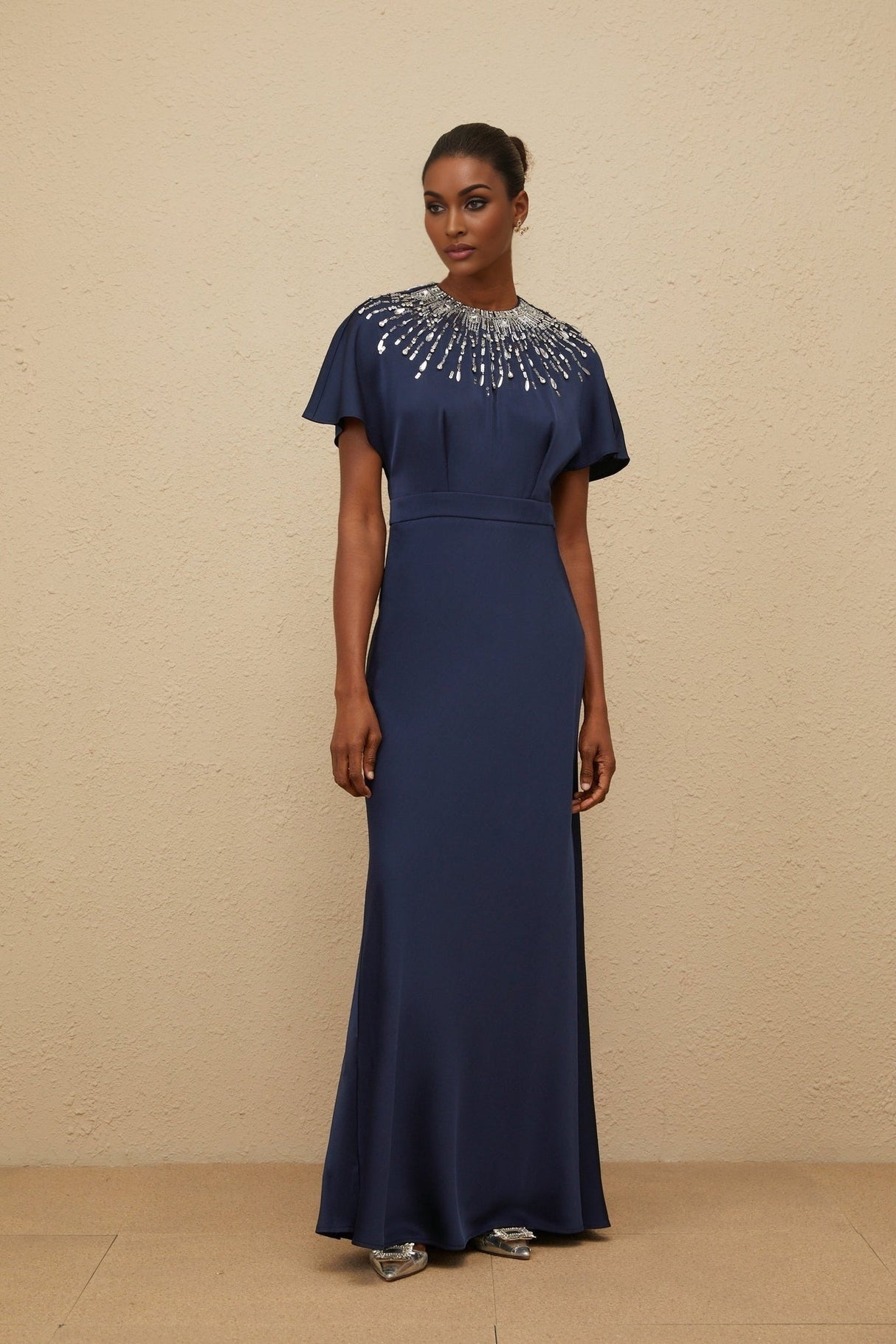Giovannella Maxi Dress - Blue - Embellished - Crystals - Sequins - Open Back - Ribbon Fastening
