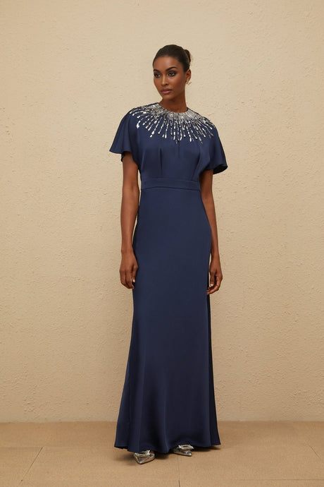 Giovannella Maxi Dress - Blue - Embellished - Crystals - Sequins - Open Back - Ribbon Fastening