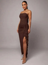 Giovannella Maxi Dress - Strapless Neckline - Refined Style - Slim Fit - High Waist Line - Sleeveless Design - Asymmetrical, Draped, Split Thigh