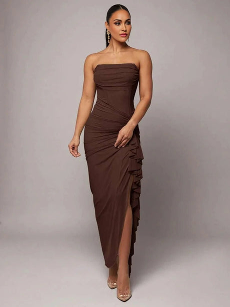 Giovannella Maxi Dress - Strapless Neckline - Refined Style - Slim Fit - High Waist Line - Sleeveless Design - Asymmetrical, Draped, Split Thigh