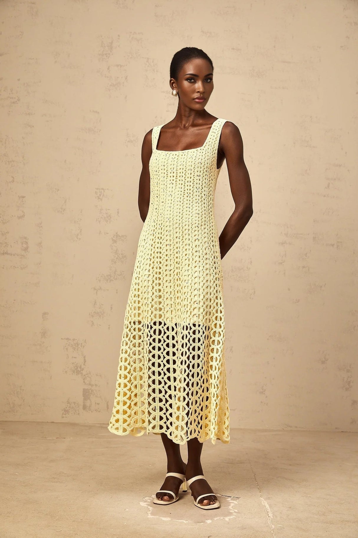 Giovannella Midi Dress Crochet Knit Cut - Out Sparkling Rhinestone & Flared Hem