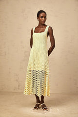 Giovannella Midi Dress Crochet Knit Cut - Out Sparkling Rhinestone & Flared Hem