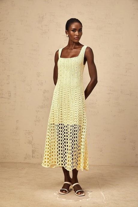 Giovannella Midi Dress Crochet Knit Cut - Out Sparkling Rhinestone & Flared Hem