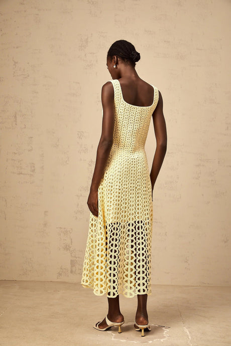 Giovannella Midi Dress Crochet Knit Cut - Out Sparkling Rhinestone & Flared Hem