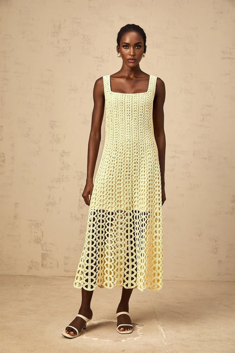 Giovannella Midi Dress Crochet Knit Cut - Out Sparkling Rhinestone & Flared Hem