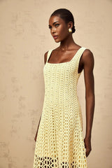 Giovannella Midi Dress Crochet Knit Cut - Out Sparkling Rhinestone & Flared Hem