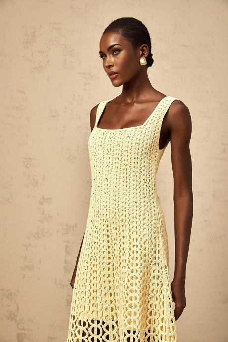 Giovannella Midi Dress Crochet Knit Cut - Out Sparkling Rhinestone & Flared Hem