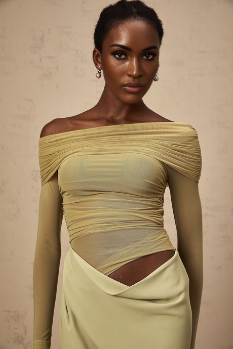 Giovannella Midi Dress - Off the Shoulder Design - Tulle Panelling - Ruched Detailing - Draped Detailing