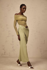 Giovannella Midi Dress - Off the Shoulder Design - Tulle Panelling - Ruched Detailing - Draped Detailing
