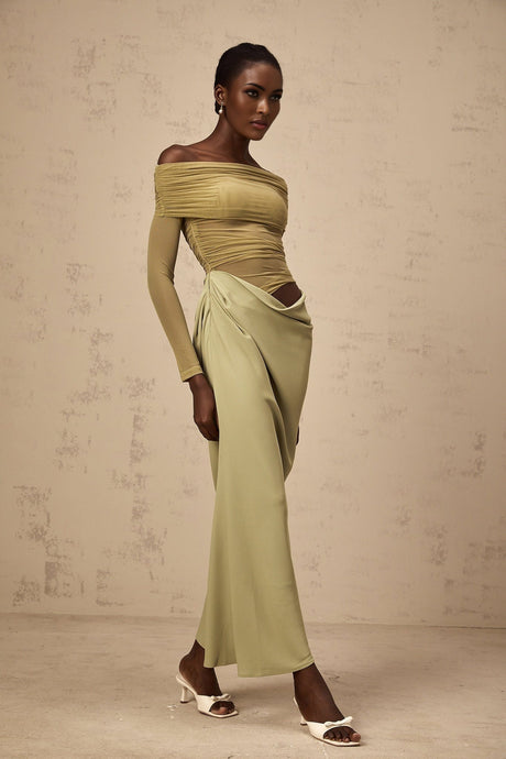 Giovannella Midi Dress - Off the Shoulder Design - Tulle Panelling - Ruched Detailing - Draped Detailing