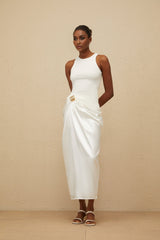 Giovannella Midi Dress - Sleeveless - Round Neck - Decorative Buckle - Ruched Detailing - Panelled Design