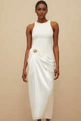 Giovannella Midi Dress - Sleeveless - Round Neck - Decorative Buckle - Ruched Detailing - Panelled Design