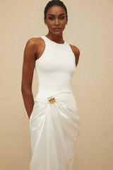 Giovannella Midi Dress - Sleeveless - Round Neck - Decorative Buckle - Ruched Detailing - Panelled Design