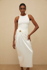 Giovannella Midi Dress - Sleeveless - Round Neck - Decorative Buckle - Ruched Detailing - Panelled Design