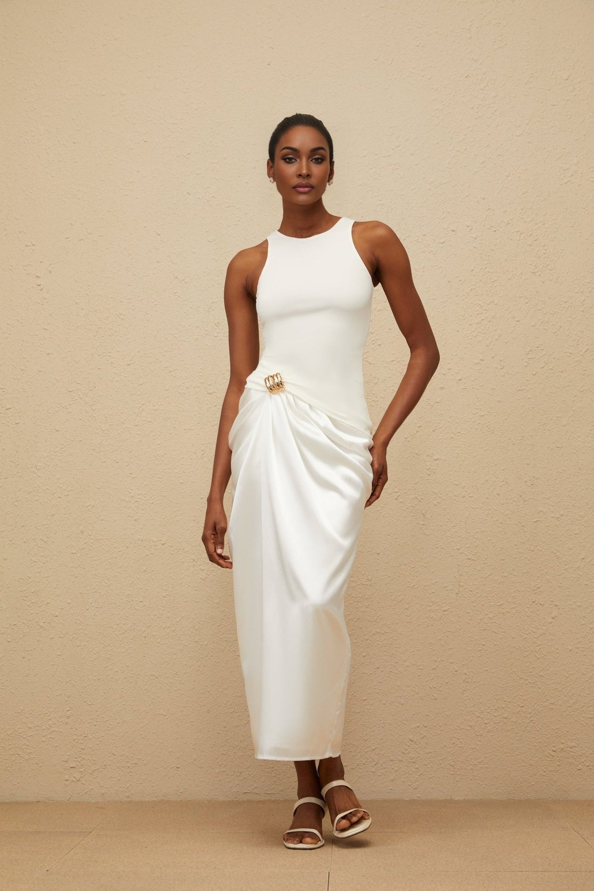 Giovannella Midi Dress - Sleeveless - Round Neck - Decorative Buckle - Ruched Detailing - Panelled Design