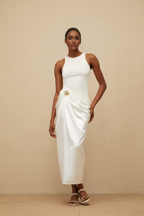Giovannella Midi Dress - Sleeveless - Round Neck - Decorative Buckle - Ruched Detailing - Panelled Design