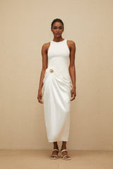 Giovannella Midi Dress - Sleeveless - Round Neck - Decorative Buckle - Ruched Detailing - Panelled Design