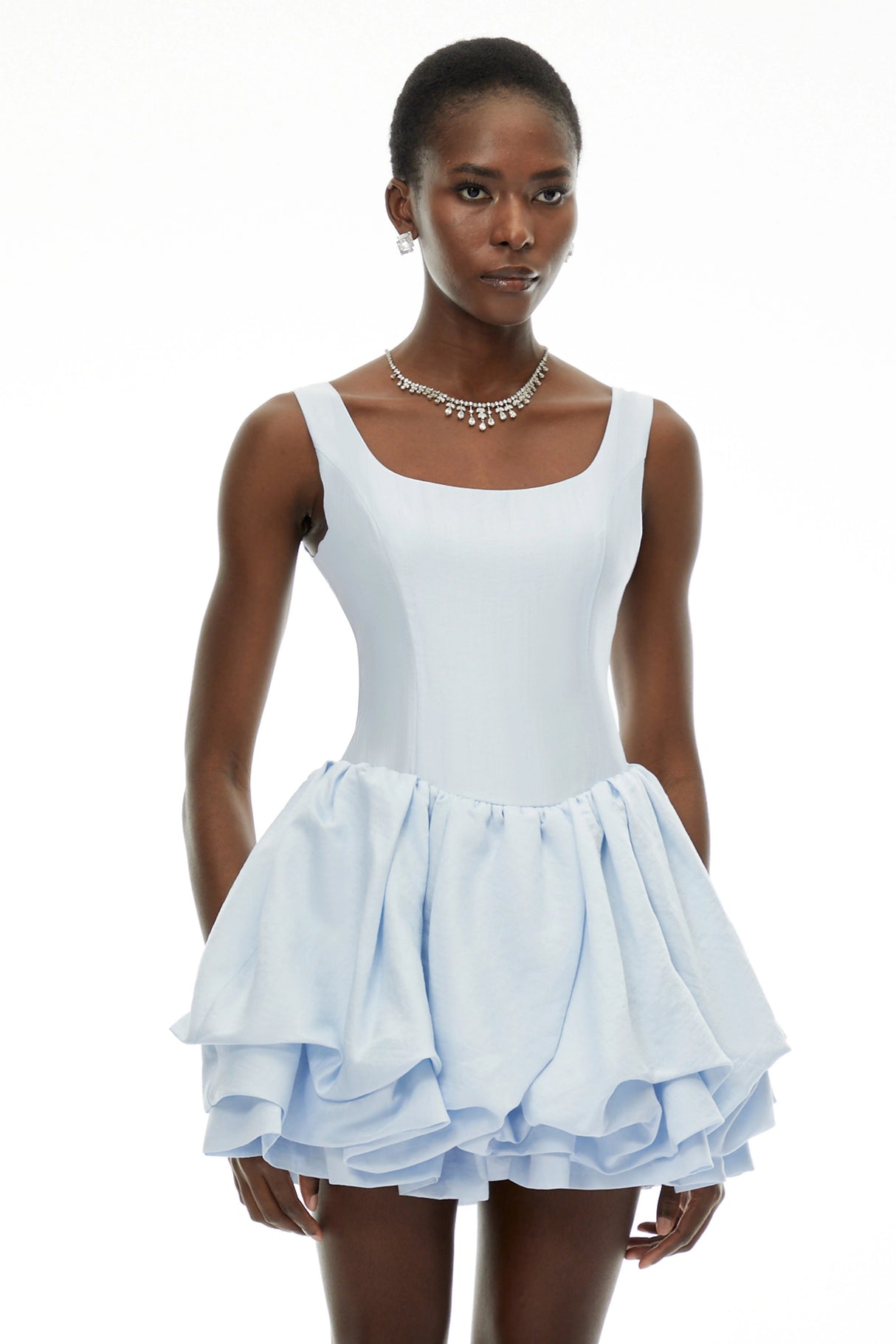 Giselle Dusty Blue Square Neck Tiered Mini Dress