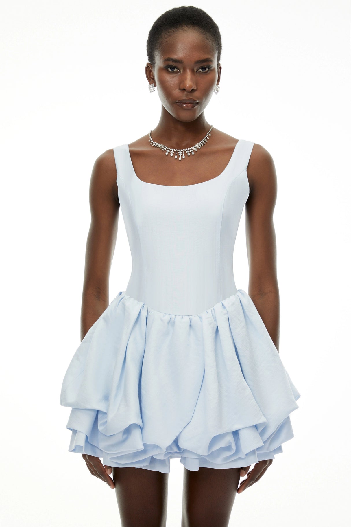Giselle Dusty Blue Square Neck Tiered Mini Dress