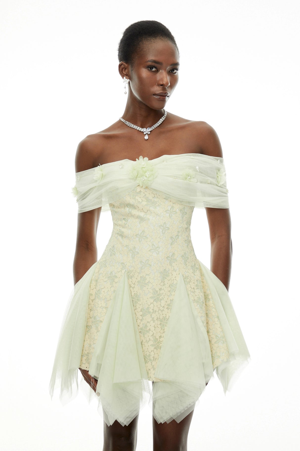 Giselle Green Off Shoulder Butterfly Print Mini Dress