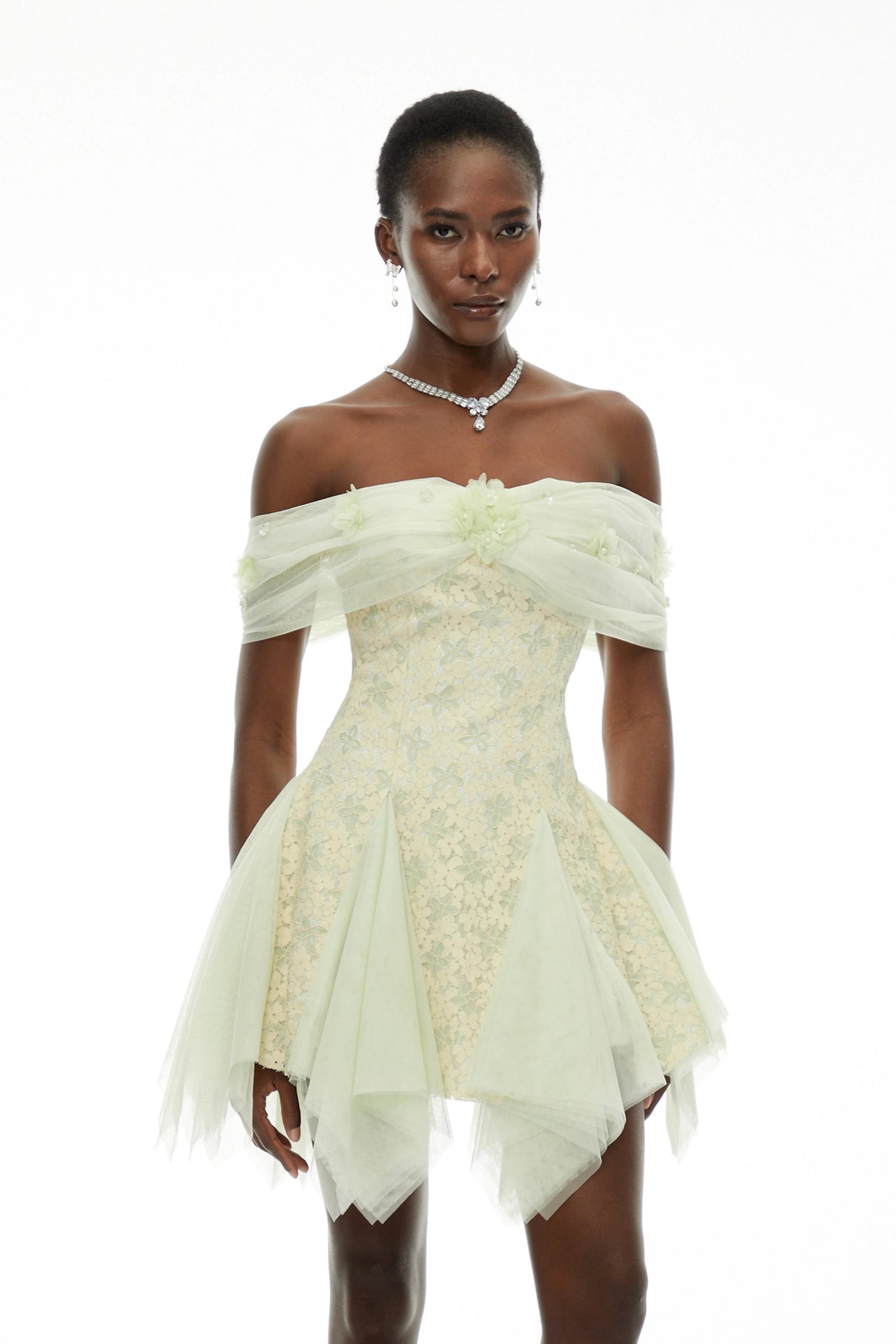 Giselle Green Off Shoulder Butterfly Print Mini Dress