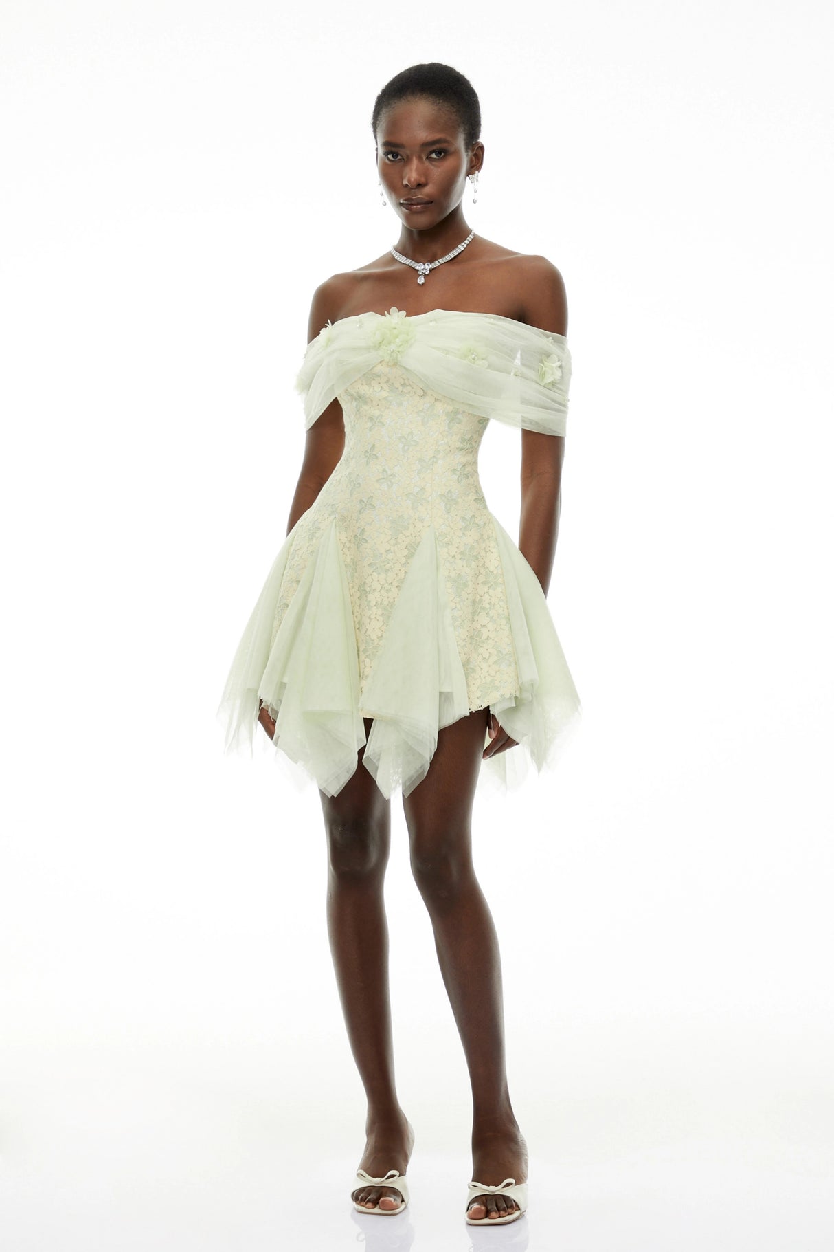 Giselle Green Off Shoulder Butterfly Print Mini Dress