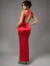 Giselle Maxi Dress - Asymmetrical Neckline - Mermaid Hem - Bodycon Fit - Backless Detail