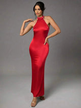 Giselle Maxi Dress - Asymmetrical Neckline - Mermaid Hem - Bodycon Fit - Backless Detail