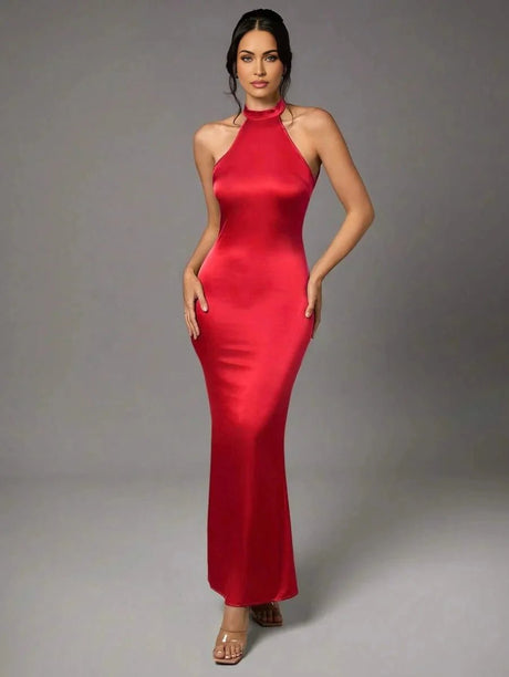 Giselle Maxi Dress - Asymmetrical Neckline - Mermaid Hem - Bodycon Fit - Backless Detail