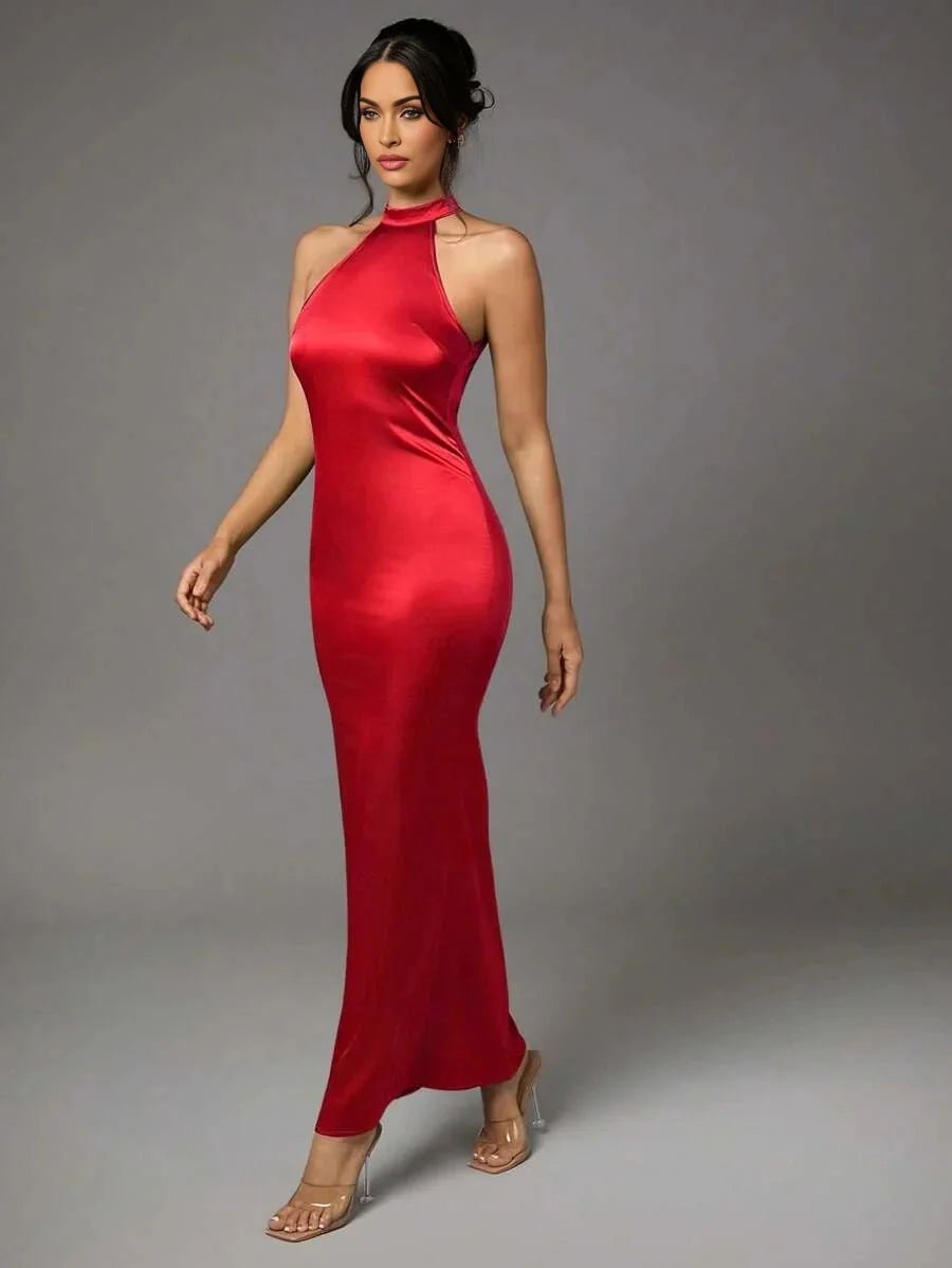 Giselle Maxi Dress - Asymmetrical Neckline - Mermaid Hem - Bodycon Fit - Backless Detail