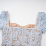 Giselle Midi Dress Blue Floral Lace Boned Belted Calf - Length Hem Scallop Trim