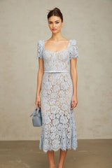 Giselle Midi Dress Blue Floral Lace Boned Belted Calf - Length Hem Scallop Trim