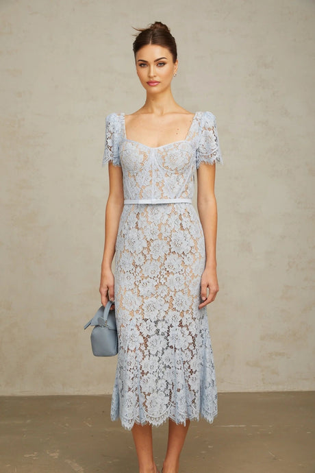 Giselle Midi Dress Blue Floral Lace Boned Belted Calf - Length Hem Scallop Trim