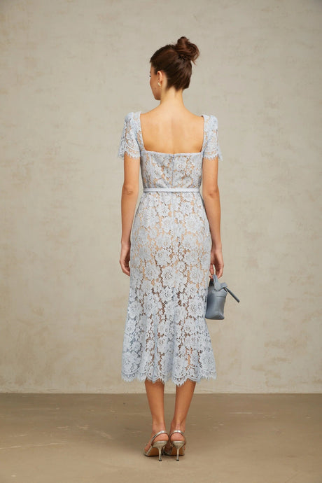 Giselle Midi Dress Blue Floral Lace Boned Belted Calf - Length Hem Scallop Trim