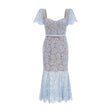 Giselle Midi Dress Blue Floral Lace Boned Belted Calf - Length Hem Scallop Trim