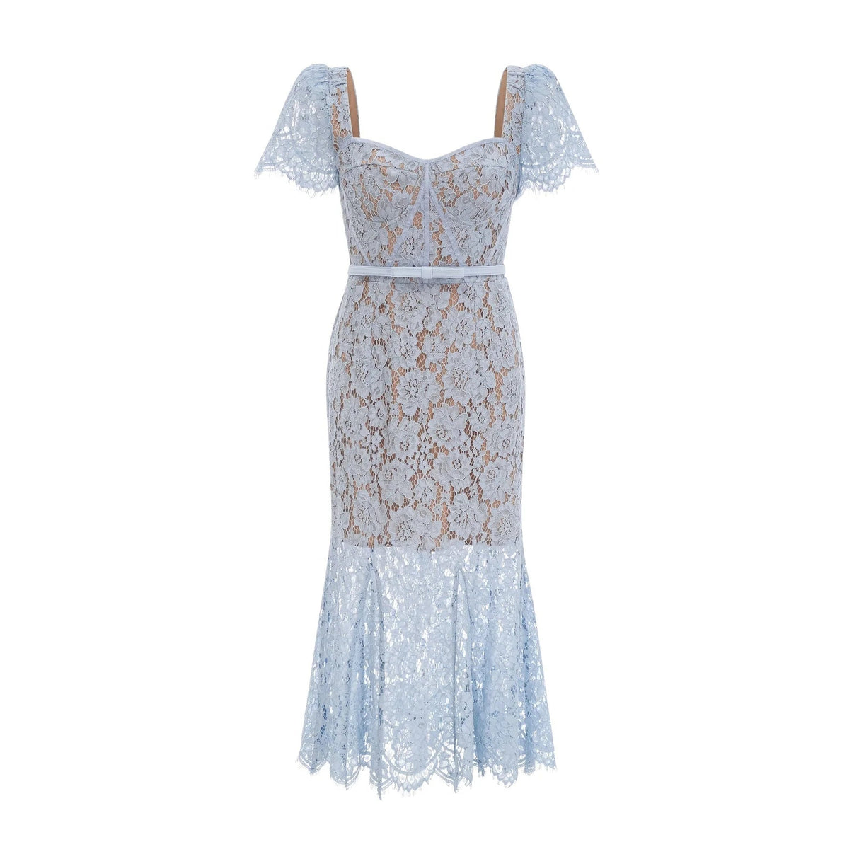 Giselle Midi Dress Blue Floral Lace Boned Belted Calf - Length Hem Scallop Trim