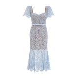 Giselle Midi Dress Blue Floral Lace Boned Belted Calf - Length Hem Scallop Trim