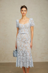 Giselle Midi Dress Blue Floral Lace Boned Belted Calf - Length Hem Scallop Trim