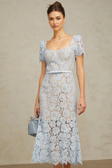 Giselle Midi Dress Blue Floral Lace Boned Belted Calf - Length Hem Scallop Trim