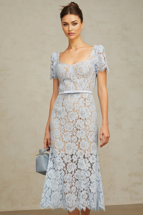Giselle Midi Dress Blue Floral Lace Boned Belted Calf - Length Hem Scallop Trim