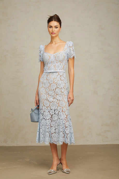 Giselle Midi Dress Blue Floral Lace Boned Belted Calf - Length Hem Scallop Trim