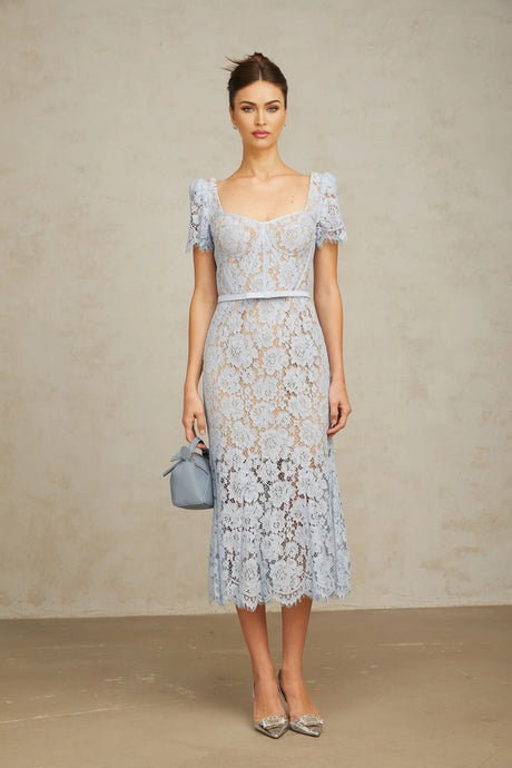 Giselle Midi Dress Blue Floral Lace Boned Belted Calf - Length Hem Scallop Trim