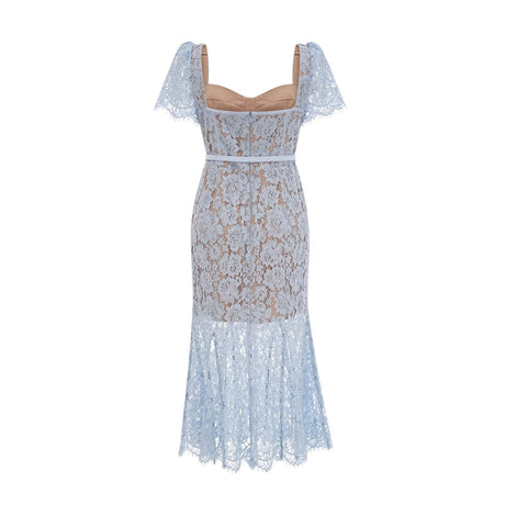 Giselle Midi Dress Blue Floral Lace Boned Belted Calf - Length Hem Scallop Trim