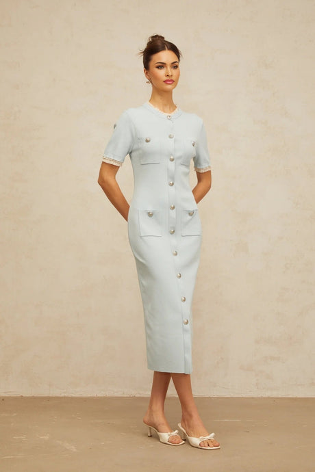 Giselle Midi Dress Light - Blue Knit Ruffle Trim Button Front Pencil Silhouette