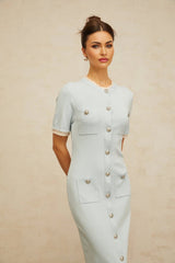 Giselle Midi Dress Light - Blue Knit Ruffle Trim Button Front Pencil Silhouette